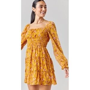 Mi Ami Francescas Floral Smocked Milkmaid Mini Dress Medium Yellow Cottage Flowy